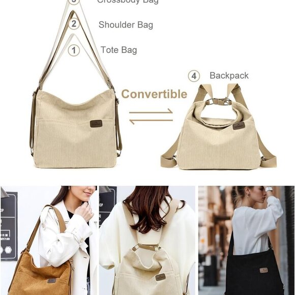 Corduroy Tote Bag Women's Convertible Backpack Purse Crossbody Shoulder - Picture 5 of 7